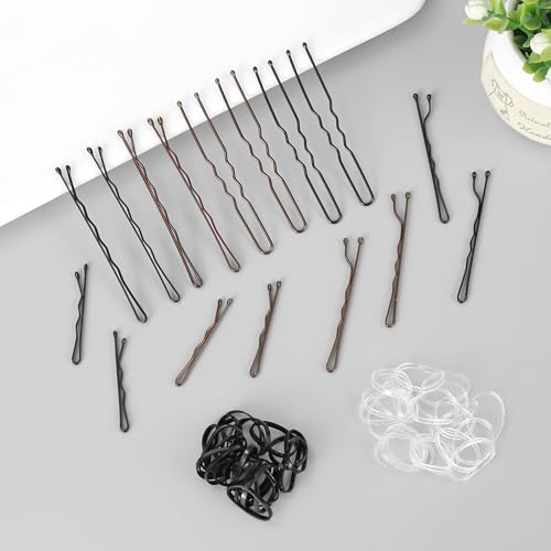 400PCS Brown & Black Bobby Pins Set with Hair Bands - 1.38 to 2.36 Inch