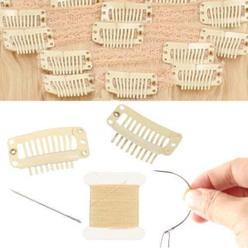 20 Beige Hair Extension Clips with Needle & Thread Set - Durable 9-Teeth Stainless Steel Snap Clips