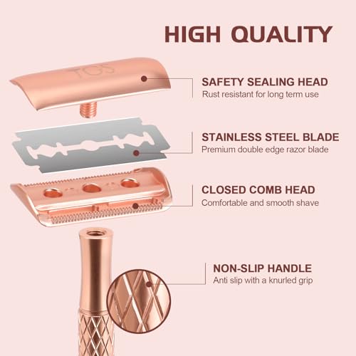 THE GROOMING SOCIETY Rose Gold Double Edge Safety Razor with Stand & 10 Blades