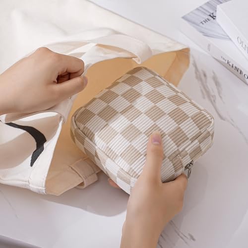 Cute Small Corduroy Zipper Makeup Bag - 09Beige Checker