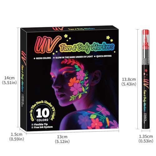 20-Color UV Neon Face & Body Paint Marker Set – Glow-in-the-Dark Makeup
