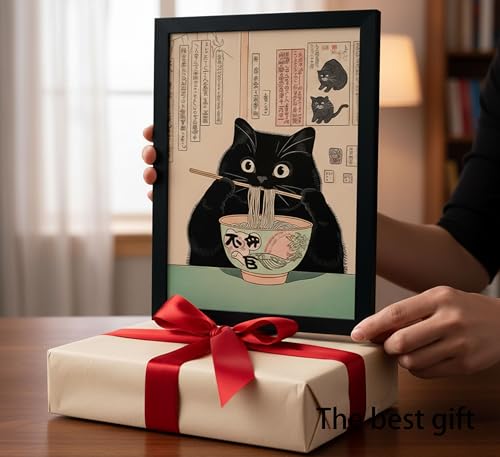 Framed Black Cat Canvas Wall Art - Whimsical Ramen Painting 10x8in