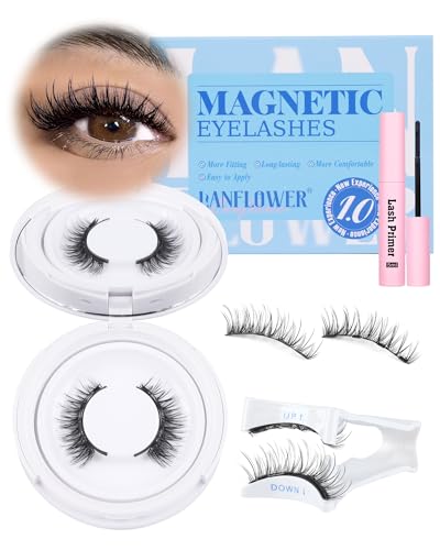Lanflower D-Magnetic Eyelashes with Applicator & Primer, Natural Wispy Cat Eye Reusable Magnetic Lashes, No Glue Needed