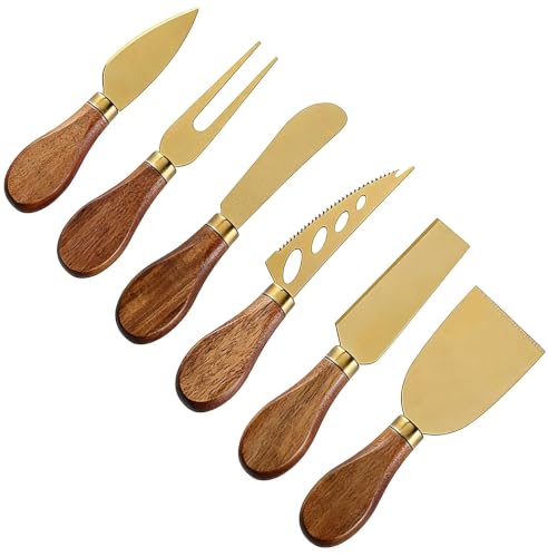 Gold Cheese Knife Set with Wooden Handles - 6-Piece Utensils