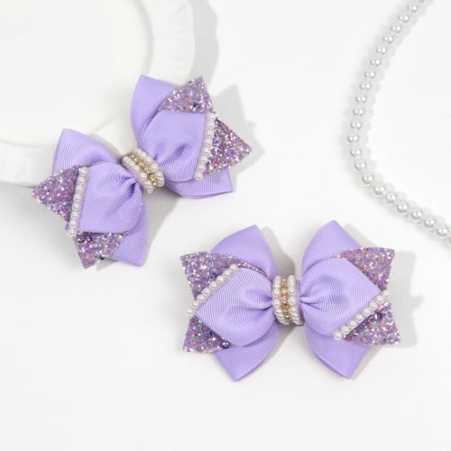 TOKUFAGU 4" Sparkly Glitter Sequin Ribbon Hair Bow Clips Light Purple with Pearls