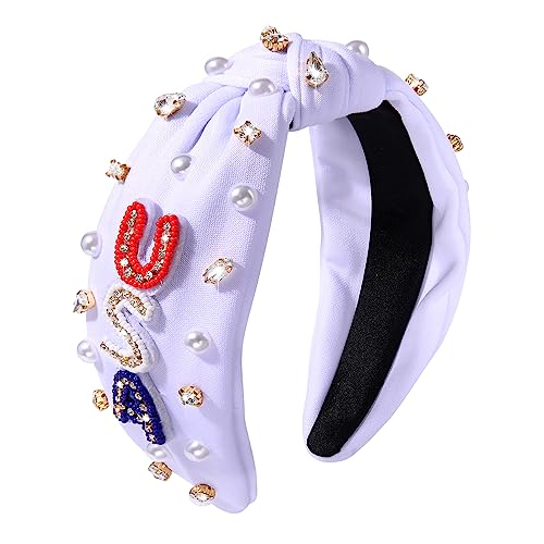USA Embellished Knotted Headband with Rhinestones & Pearls - 4th of July Accessories