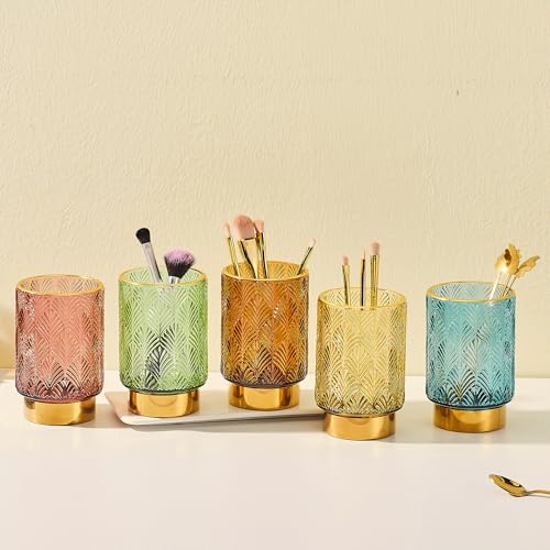 Green Makeup Brush Holder Organizer Glass with Gold Base - Multifunctional Vanity Storage