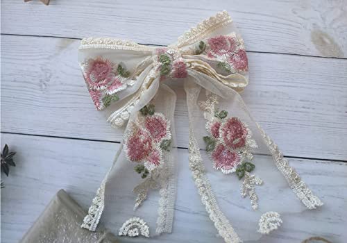 Beige Large Lace Bow Hair Clip with Pink Flower - Honkenda 1 Pack