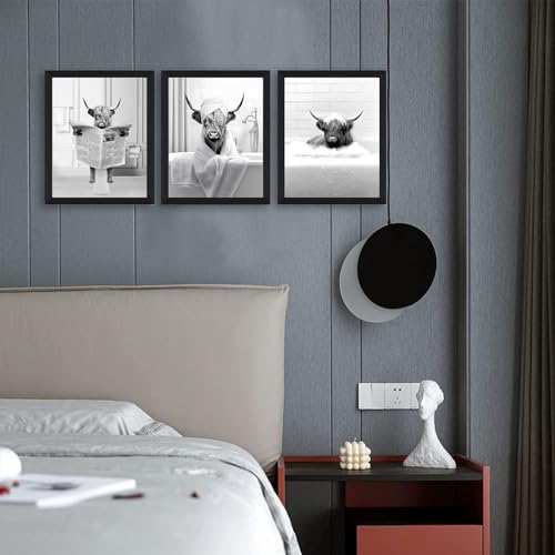 Funny Highland Cow Wall Art Set of 3 - Rustic Bathroom Decor