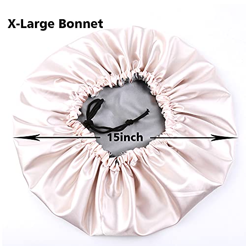 X-Large Silky Sleep Cap for Frizzy Hair - Adjustable Satin Bonnet, Reversible Champagne/Grey