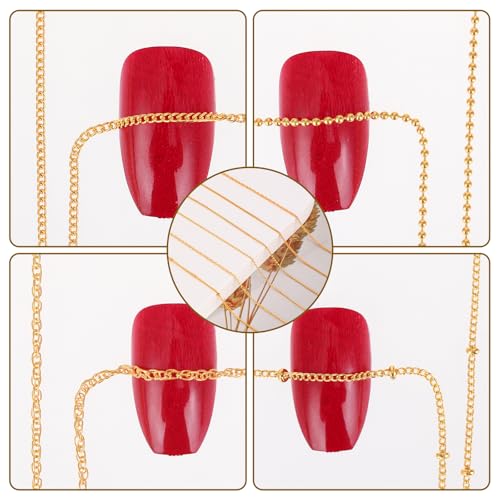 Gold Nail Art Chains Set - 6 Strips of Decorative Nail Charms