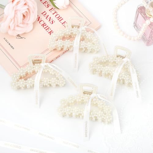 DEEKA 3.7 Inch Pack of 8 Pearl Bridesmaid Hair Claw Clips with Ribbon - Half Circle Bridal Party Favors