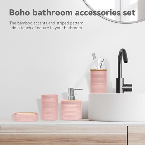 Pink Bamboo Bathroom Accessory Set - 4 Pieces Includes Soap Dispenser, Toothbrush Holder, Soap Dish, Cup
