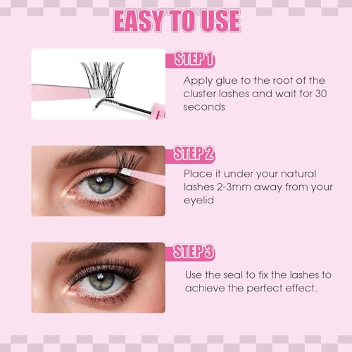 FADLASH C3-0.07D Lash Extension Kit Fluffy Wispy Clusters for Beginners, Reusable Eyelash Extensions with Bond & Seal