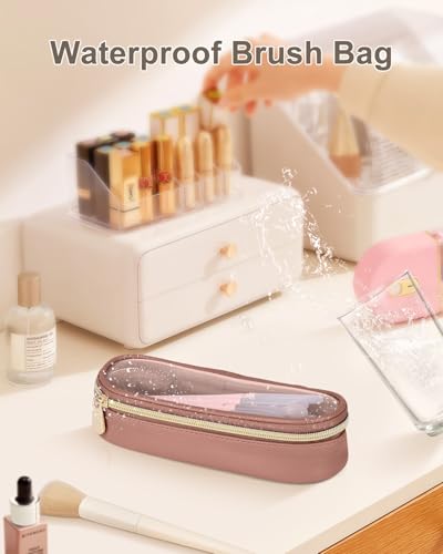 Soimeat Clear Travel Makeup Brush Holder, Waterproof Leather Cosmetic Case