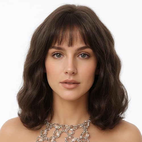Macodio Style 6 Wavy Bob Wig with Bangs – 12 Inch Dark Brown Curly Synthetic Hair