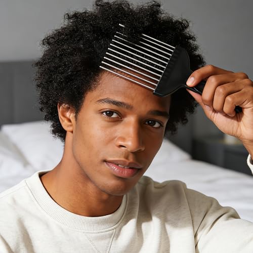 3-Pack Metal Afro Picks - 6" Curl Detangling Combs with Fist Grip