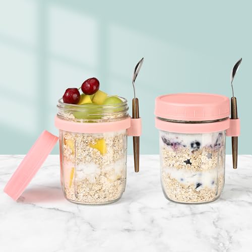 16oz Glass Mason Jars for Overnight Oats - 2 Pack with Lids & Spoon
