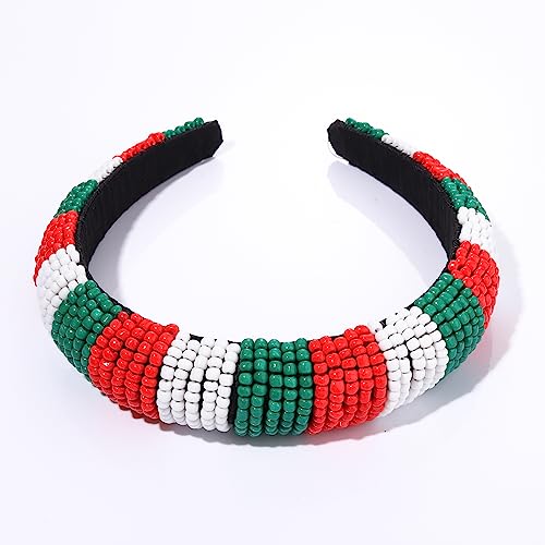 Christmas Headband for Women - Red Green White Beaded Hair Hoop