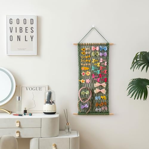 Avocado Green Hair Clip Organizer by Pretty Jolly – Wall-Mounted Boho Macrame Display