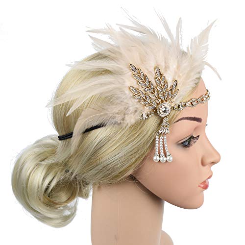 Vintage 1920s Flapper Headband - Gold & Champagne Feather Accessory