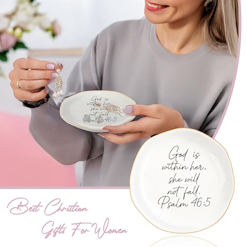 Inspirational Floral Ceramic Jewelry Dish with Bible Verse - 4.6"