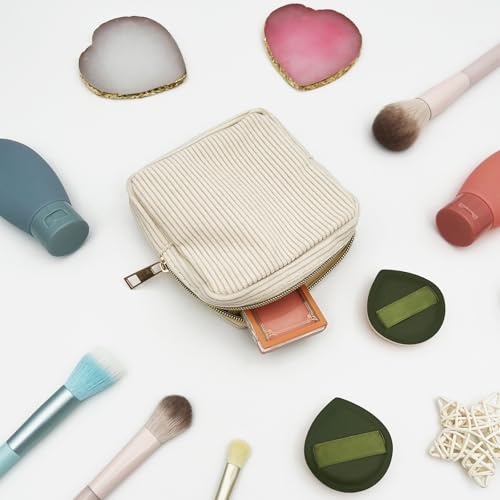Beige Mini Corduroy Makeup Bag with Zipper and Pockets