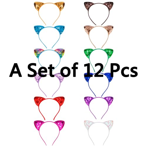 COCIDE 12Pcs Sequins Cat Ears Headbands Set for Girls