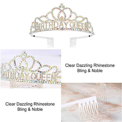 AB Silver Birthday Crown & Sash Set for Women - Rhinestone Tiara & Glitter Sash