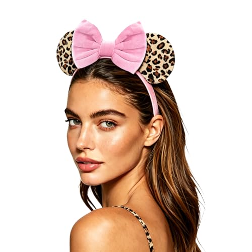 Pink Leopard Print Mouse Ears Headband for Women - Fuzzy Bow Accessory