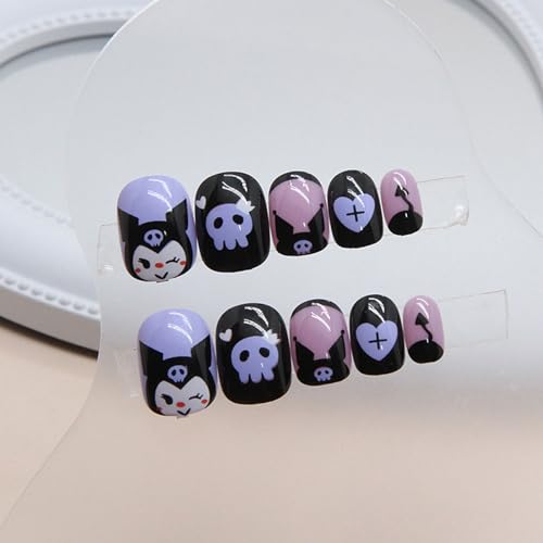 24PCS Black Rabbit Short Press On Nails - Kawaii Anime Design