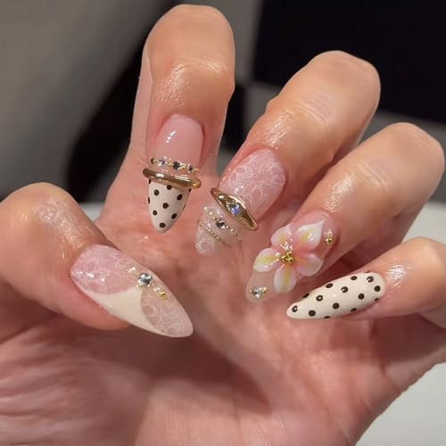 24Pcs Pink Flower Press-On Nails with 3D Gems & French Tips