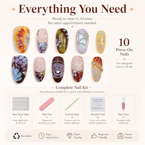 10pcs Almond Press-On Nails M - Gradient 3D Silver Rivets & Textures