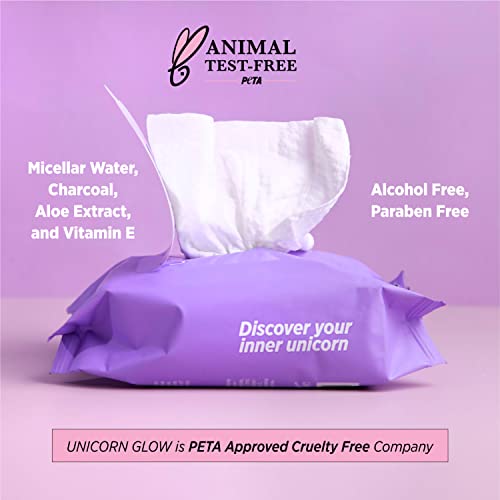 Unicorn Glow XL Makeup Remover Wipes - Vegan, Charcoal & Aloe, 75 Count