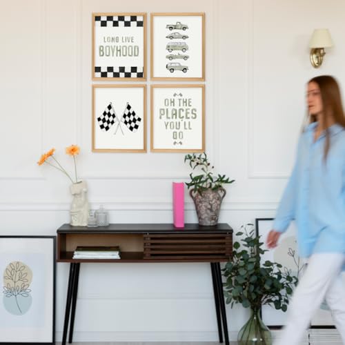 Sage Green Race Car Wall Art Prints Set of 4 for Boys
