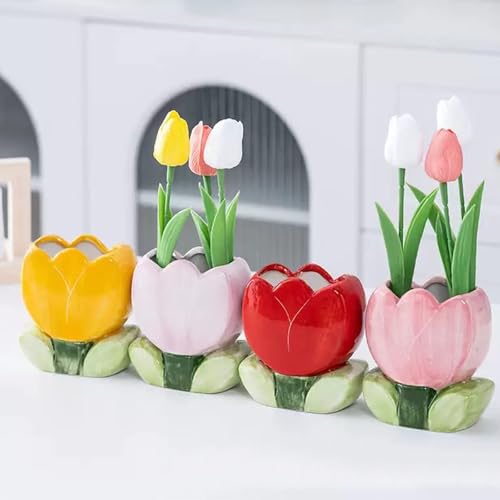 Pink Tulip Ceramic Cosmetic Storage Box - Makeup Brush Holder