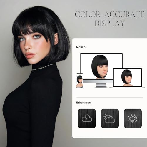 Lumitressa Black 12 Inch Bob Wig with Bangs for Women - Adjustable Fit, Synthetic Hair, Trendy Short Style