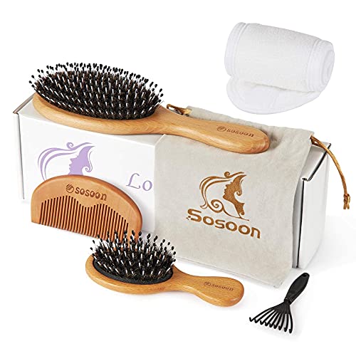 Sosoon Boar Bristle Hair Brush Set with Nylon Pins for Detangling