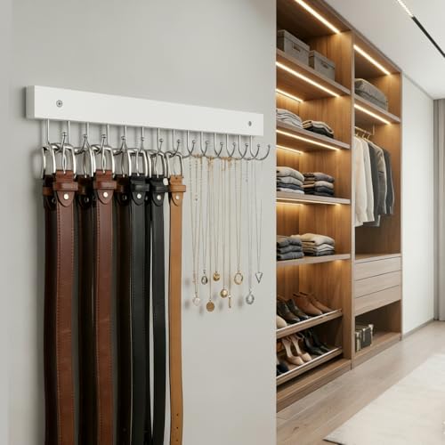 2-Pack Wall-Mounted Wooden Belt & Tie Rack Organizer with 28 Hooks