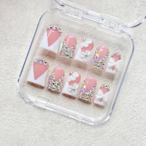 RIICFDD Medium Duck Press on Nails - Rhinestone French Tip (M)