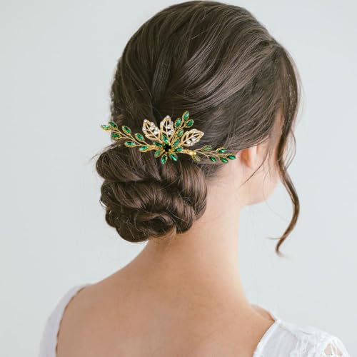 Auswalar Bridal Hair Comb 9 Green Gold Crystal Wedding Side Hair Clip for Bride