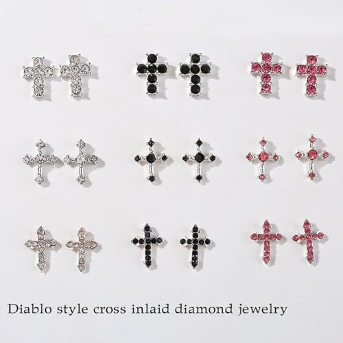 Crystal Cross Nail Charms 18Pcs - Y2K Pink Silver Black 3D Cross Nail Art