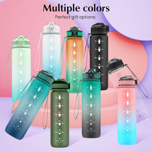 EYQ 32oz Water Bottle with Straw & Time Marker - Blue Purple