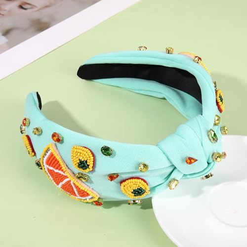 Mokkia Summer Headband for Women - Beaded Flower & Palm Leaf, Lemon A