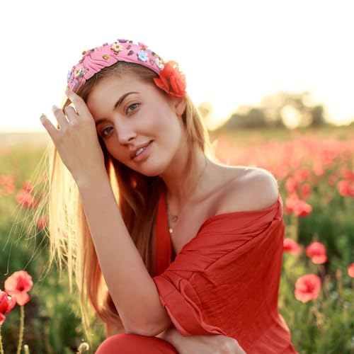 NVENF Pink Flower Headband - Crystal Rhinestone Knotted Summer Accessory