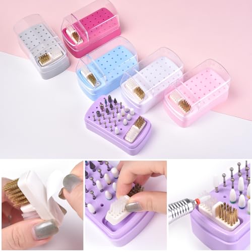 Pink 2-in-1 Nail Drill Bit Holder & Cleaning Brush Case - 30 Holes, Dustproof, Manicure Organizer