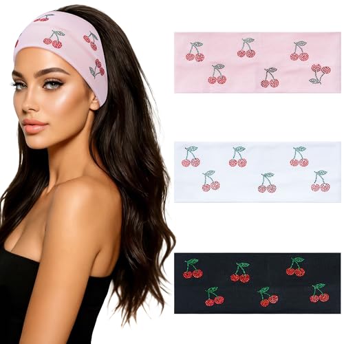 Mesovor 3-Pack Stretchy Cherry Rhinestone Headbands for Women & Girls