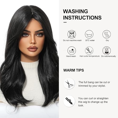 OUFEI Black Wig with Curtain Bangs - Natural Straight Curly Synthetic Hair (1291-4)