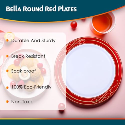 10 Pack of 10.25" White Plastic Dinner Plates with Red Rim - Perfect for Parties & Special Occasions