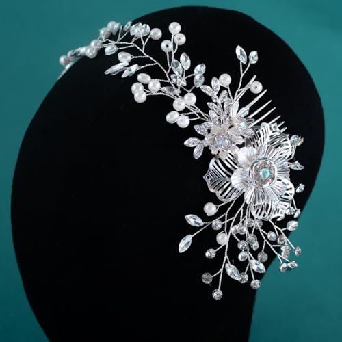WEZTEZ Silver Bridal Hair Comb with Pearl Flower Vine - Wedding Hair Accessories for Bridesmaid (Variation 2)
